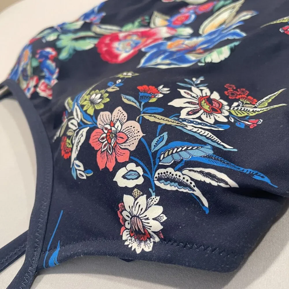 ~ Johnny Was Lg Swimsuit 1-Piece Navy Floral Tank Lace-Back Strappy Large 10/12 - Picture 5 of 16